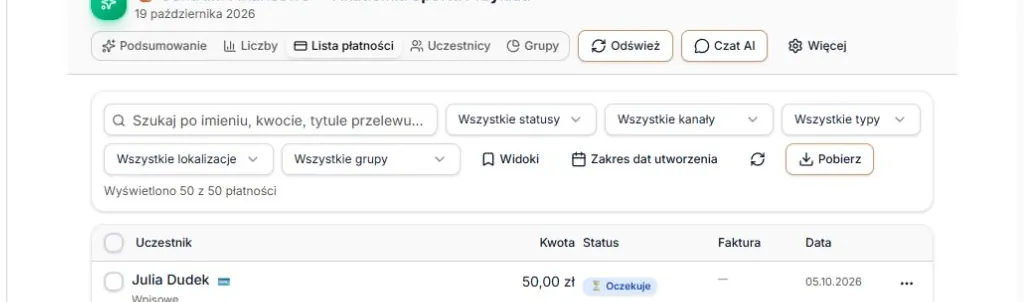 Pasek filtrów listy płatności