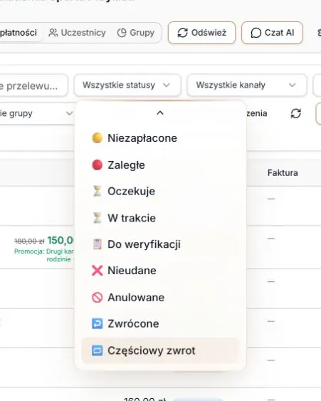 Lista opcji filtra Status przewinięta do końca