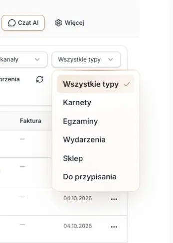 Lista opcji filtra Typ