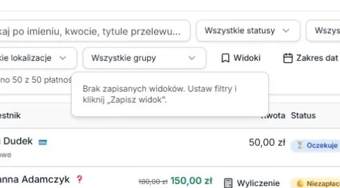 Pusta lista zapisanych widoków