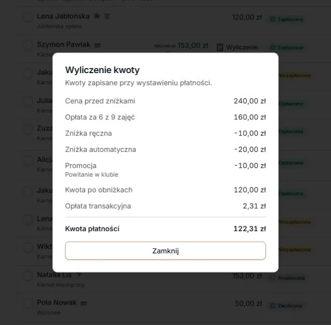 Część okresu, zniżki i zapisana opłata transakcyjna
