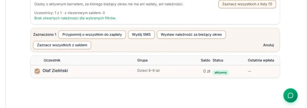 Osoba bez należności zaznaczona do podglądu wystawienia
