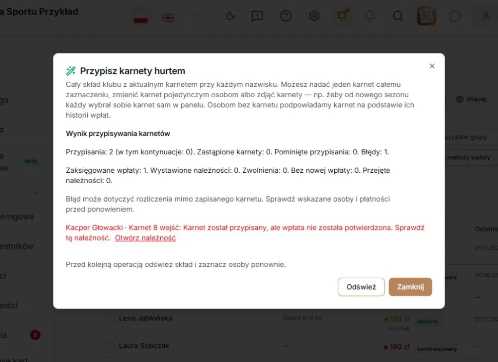 Zapisane karnety i osobny błąd potwierdzenia wpłaty