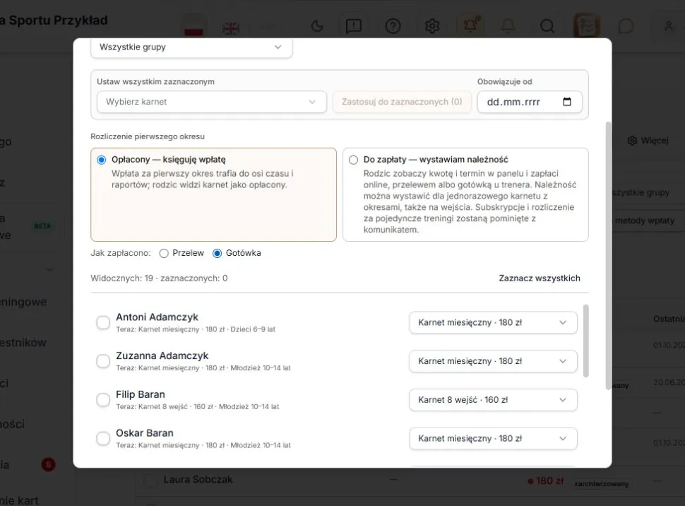 Opłacony karnet — zapłacono gotówką