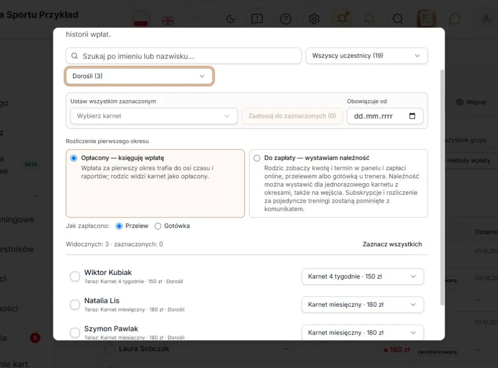 Przypisz karnety hurtem — grupa Dorośli