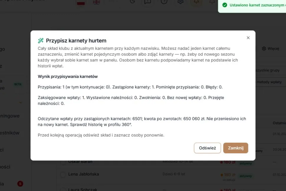 Pełna liczba odczytanych wpłat i kwota po zwrotach przy zastąpionych karnetach
