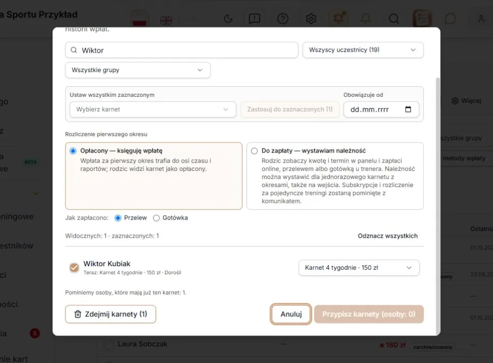 Osoby z tym samym karnetem są pomijane