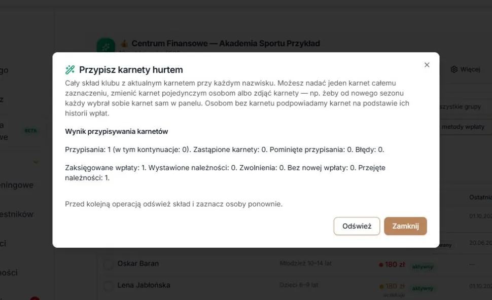 Istniejąca należność powiązana z karnetem i potwierdzona wpłata