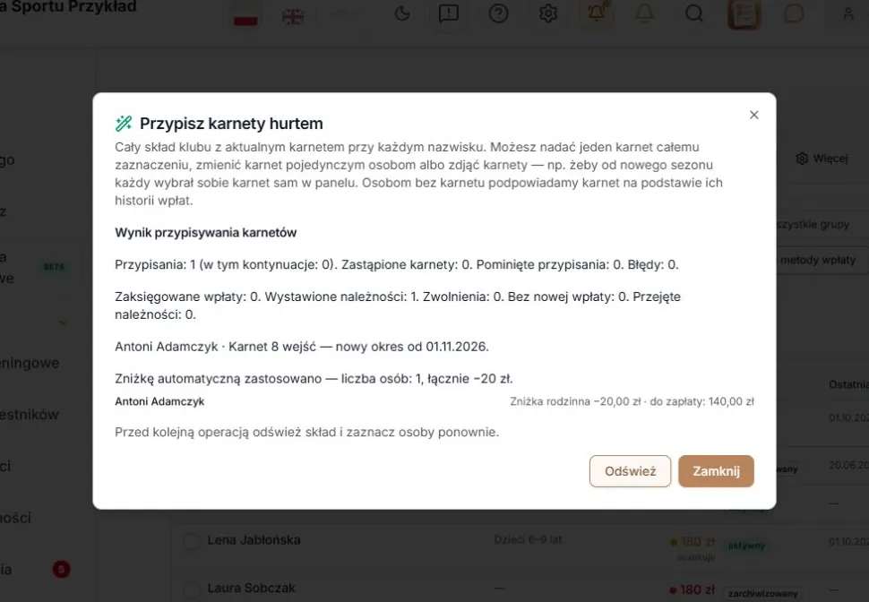 Nowa należność po opłaconym okresie starego karnetu