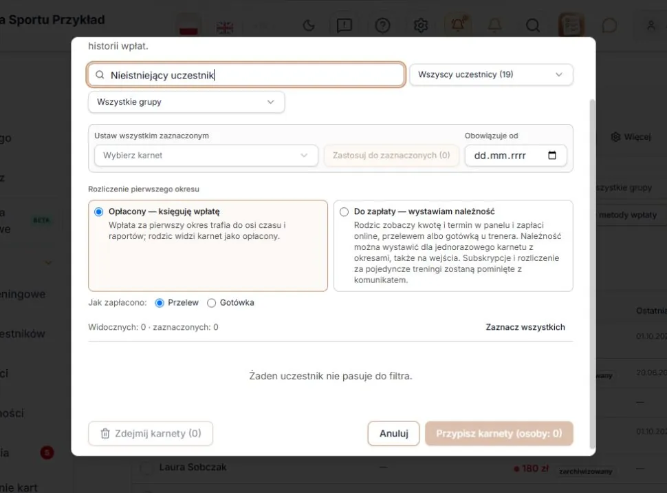 Przypisz karnety hurtem — brak wyników