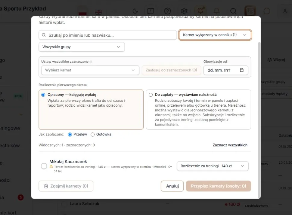 Filtr: karnet wyłączony w cenniku