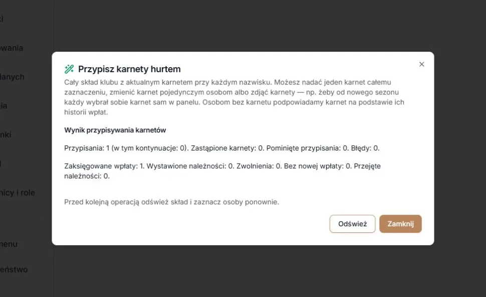 Wynik hurtowego przypisania karnetów