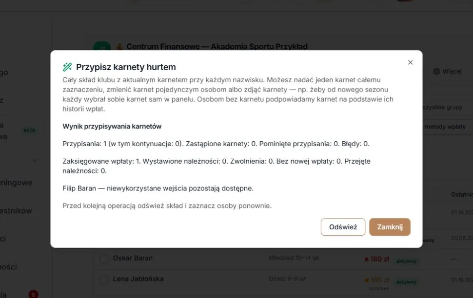 Nowy karnet i zachowane niewykorzystane opłacone wejścia
