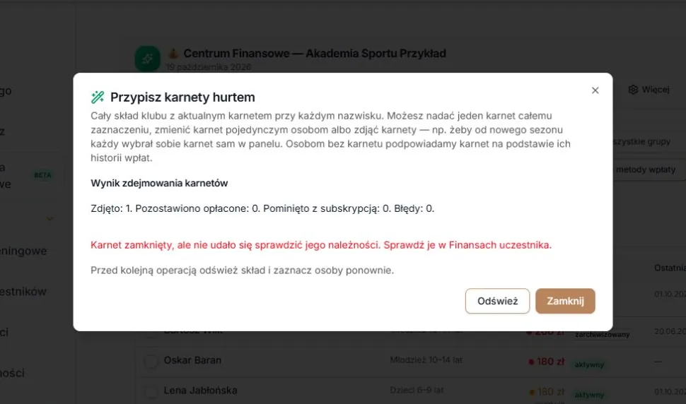 Zamknięty karnet z nieudanym sprawdzeniem należności