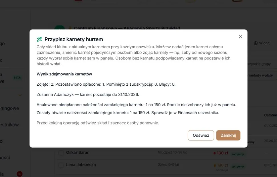 Potwierdzony wynik karnetów oraz anulowanych i pozostawionych należności