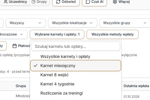 Wybrany karnet w menu