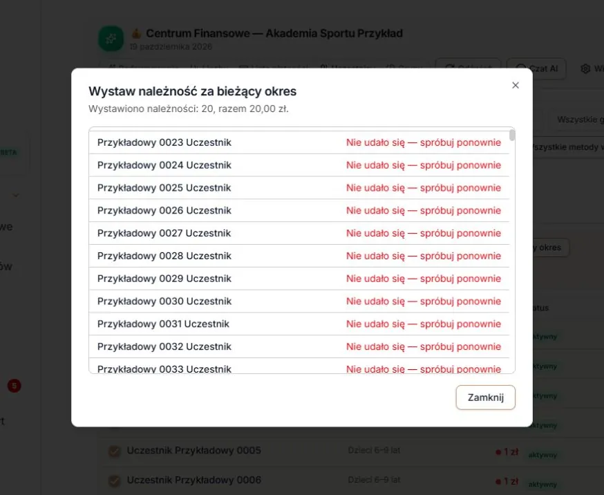 Przerwany zapis dużego wyboru — zachowane sukcesy i jawny błąd pozostałych osób