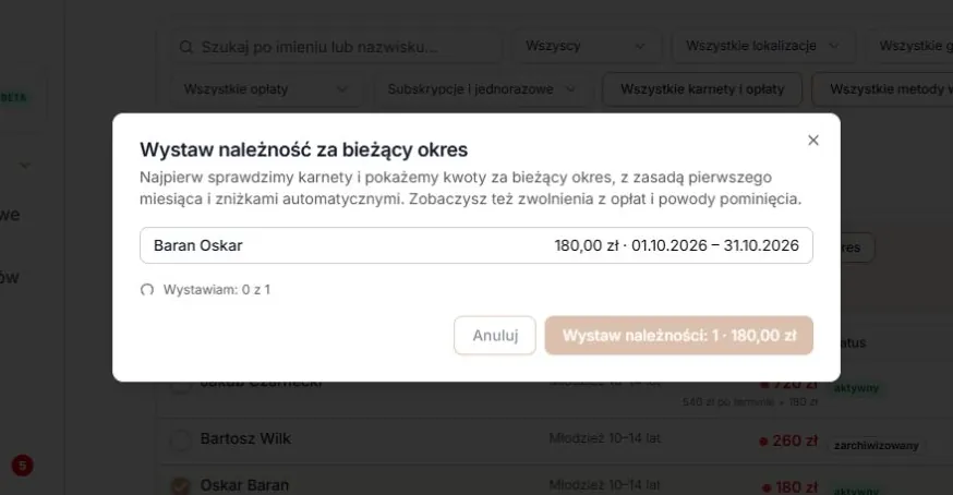 Trwa zapis — kwoty pozostają widoczne, przyciski są zablokowane