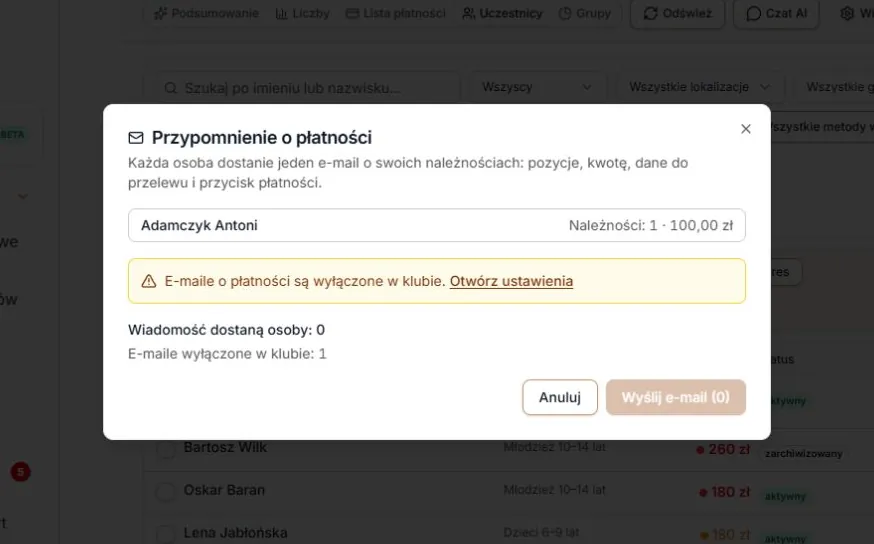 Wyłączony e-mail w klubie — ustawienia i pominięcie odbiorcy