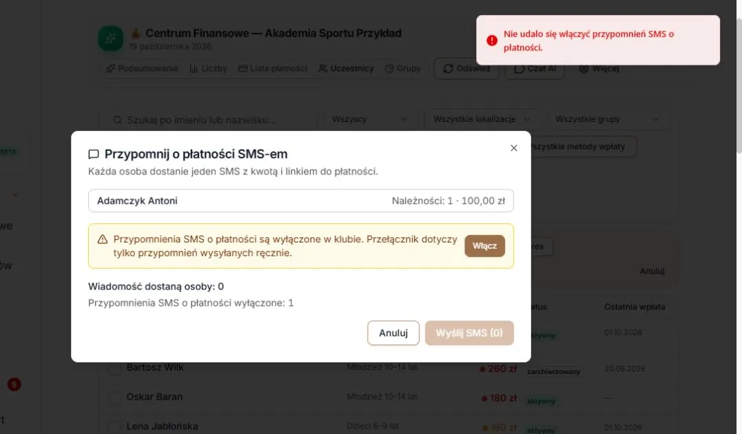 Nieudane włączenie typu SMS — komunikat i nadal zablokowana wysyłka