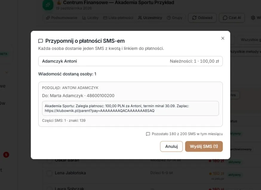 Typ SMS włączony — ponowny podgląd przed osobną wysyłką