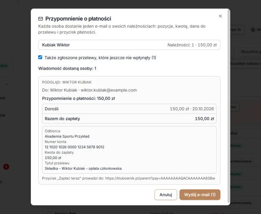 Własny e-mail uczestnika i podgląd dołączonego zgłoszonego przelewu