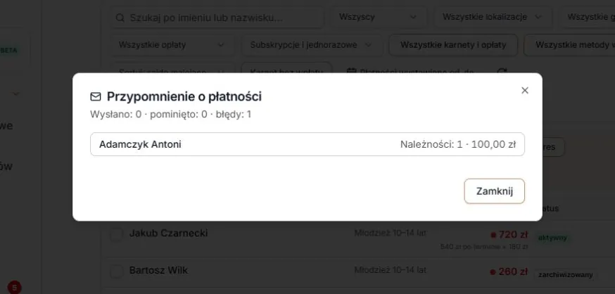 Zakończony wynik z jednym błędem wysyłki