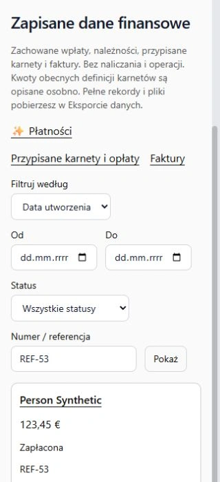 Podgląd finansów na telefonie: wybór zakresu, filtry i zapisane wpłaty. Dane przykładowe.