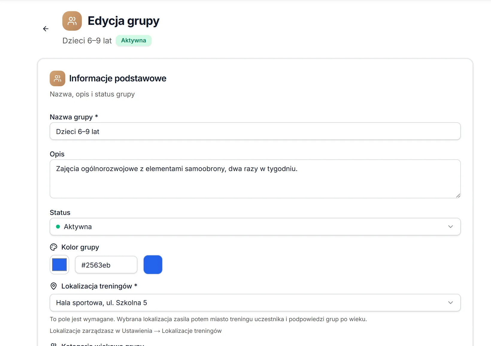 Edycja grupy — nagłówek i pola podstawowe