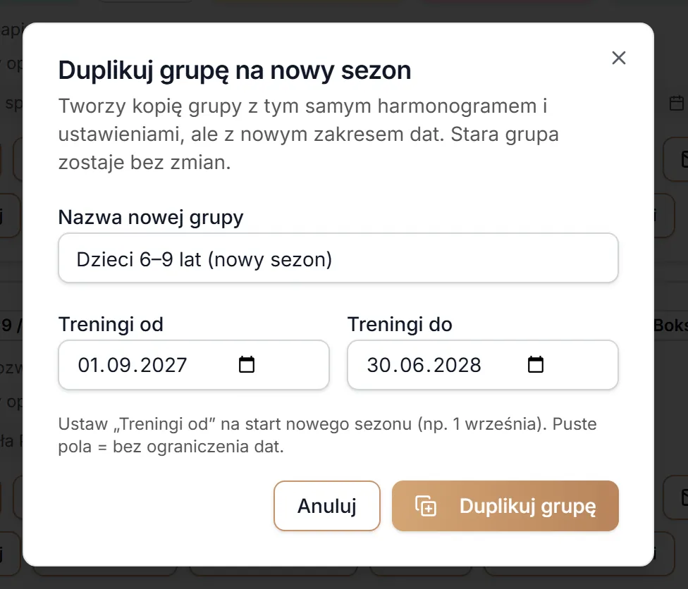 Duplikowanie grupy na nowy sezon