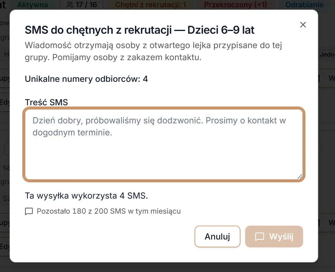 SMS do chętnych z rekrutacji