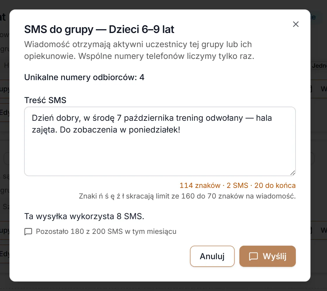 SMS do grupy — odbiorcy, treść, licznik i pula