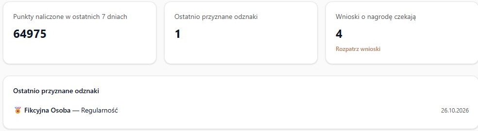 Aktywność Centrum — pełna suma XP za siedem dni, ostatnie nadania, oczekujące prośby o nagrody i rzeczywisty link do fikcyjnej osoby