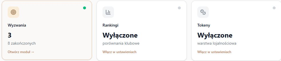 Dwie wyłączone części przy działającym Centrum — rzeczywiste stany Rankingów i Tokenów oraz przejście do ustawień; fikcyjny klub