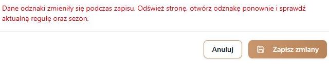 Rzeczywisty formularz po równoczesnej zmianie sezonu: odmowa edycji i zachowany przycisk Zapisz zmiany; fikcyjny klub