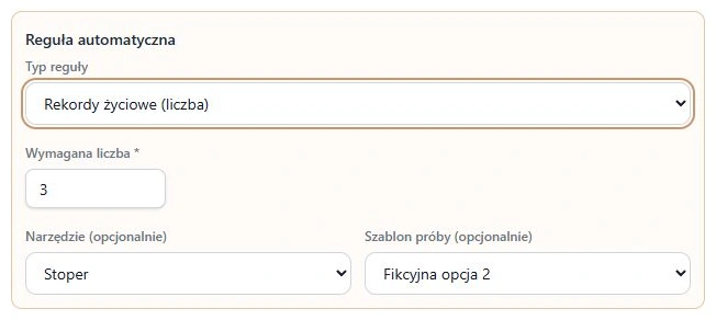 Rzeczywisty formularz: trzy rekordy życiowe, Stoper i konkretny szablon; lokalny fikcyjny przykład przed zapisem