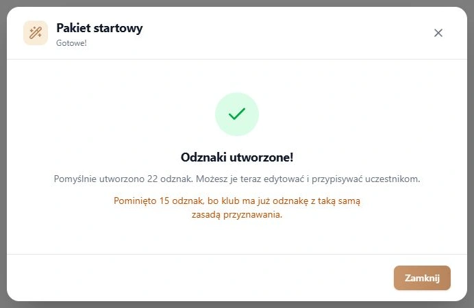 Rzeczywisty wynik drugiej, świadomie rozpoczętej próby w fikcyjnym klubie: 22 nowe odznaki ręczne i 15 pominiętych reguł automatycznych