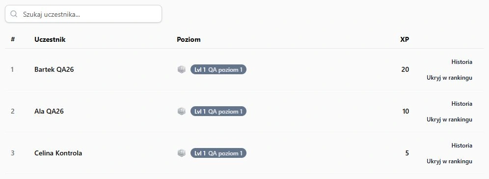 Ranking XP — wyszukiwanie uczestnika i wejście do jego historii