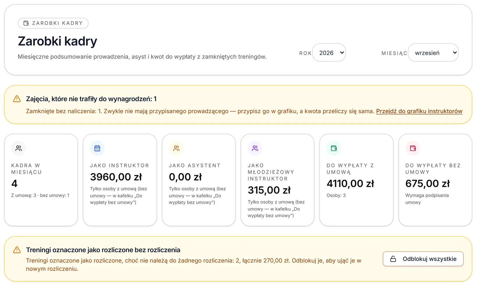 Zarobki — wybór miesiąca, kwoty i ostrzeżenia, dane przykładowe