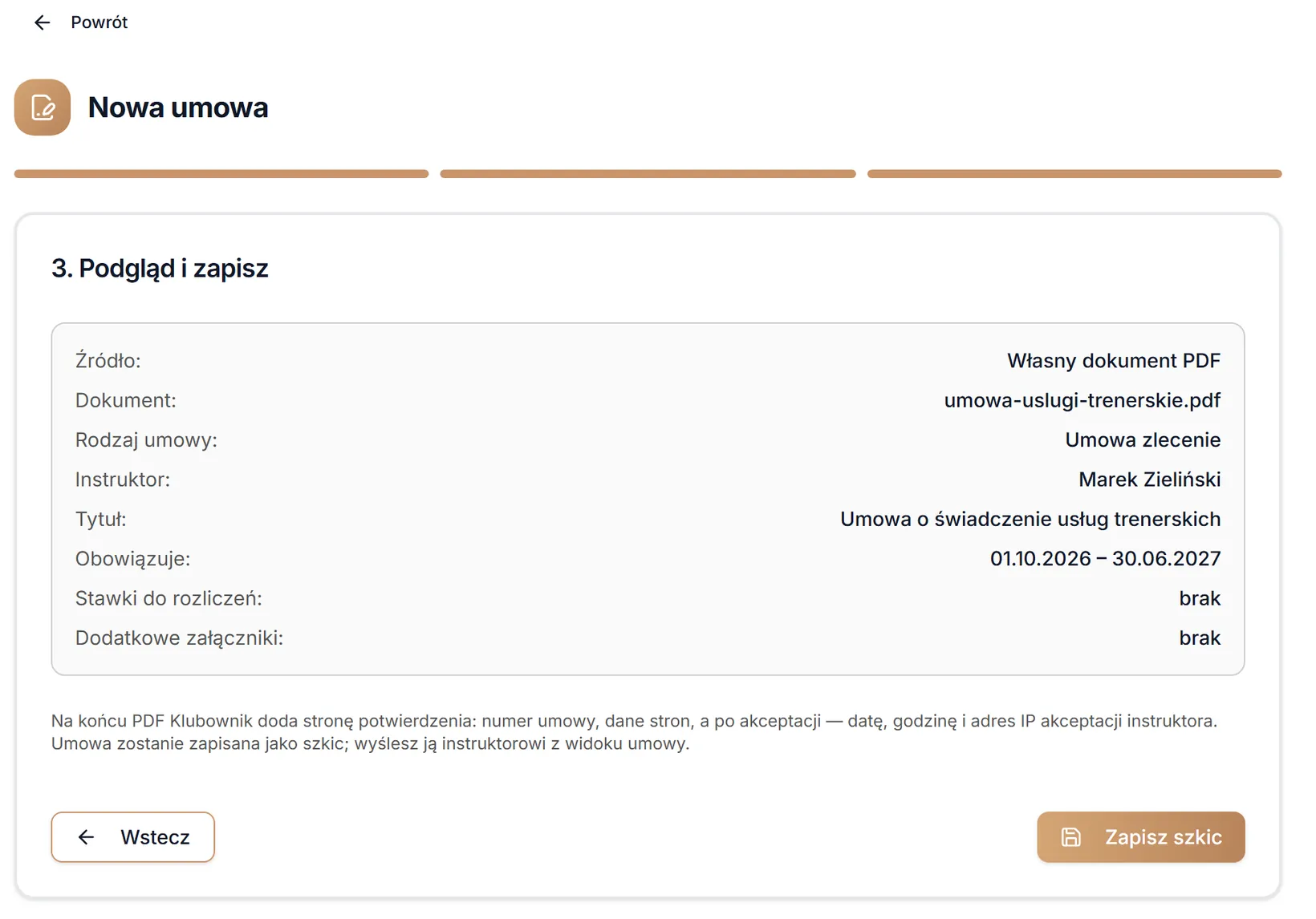Podsumowanie umowy z własnego PDF przed zapisem szkicu — dane przykładowe