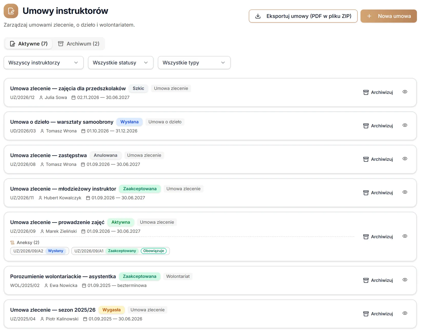 Lista umów z filtrami i archiwum — dane przykładowe