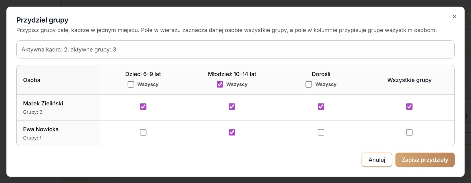 Okno „Przydziel grupy”