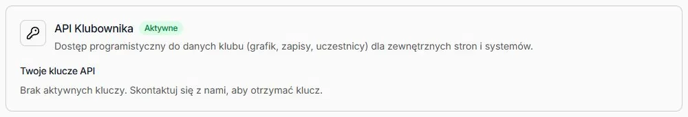 API Klubownika — aktywna funkcja i poprawnie odczytana pusta lista kluczy; fikcyjny klub