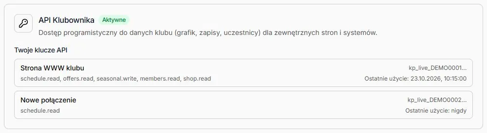 API Klubownika — dwie fikcyjne nazwy i prefiksy kluczy, zakresy oraz data użycia lub nigdy; bez pełnych sekretów
