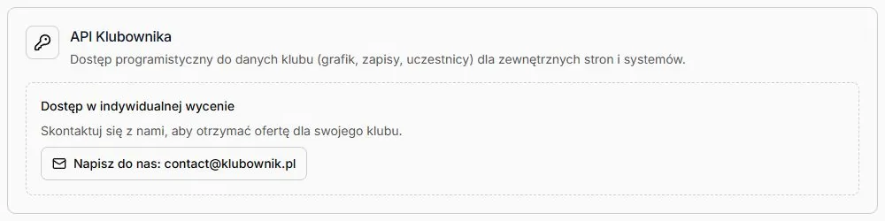 API Klubownika — oferta dostępu i odnośnik do kontaktu; rzeczywista karta z fikcyjnym klubem