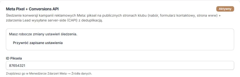 Meta Pixel i CAPI — robocza zmiana ID oraz przywracanie zapisanych ustawień; fikcyjne dane