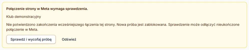 Facebook Leads — niepotwierdzone łączenie strony i jawne wycofanie próby; rzeczywisty komponent z fikcyjnymi danymi