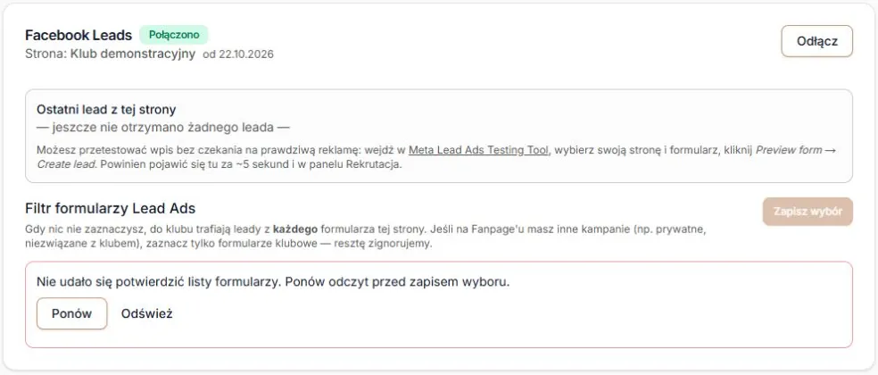 Facebook Leads — niepotwierdzony odczyt blokuje zapis; dane demonstracyjne