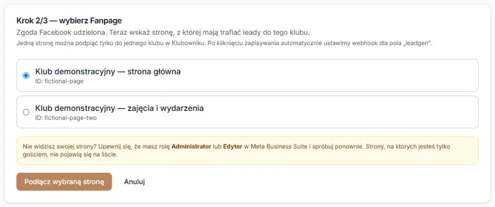 Facebook Leads — wybór jednej z dwóch stron i przyciski podłączenia oraz anulowania; rzeczywisty komponent z fikcyjnymi danymi