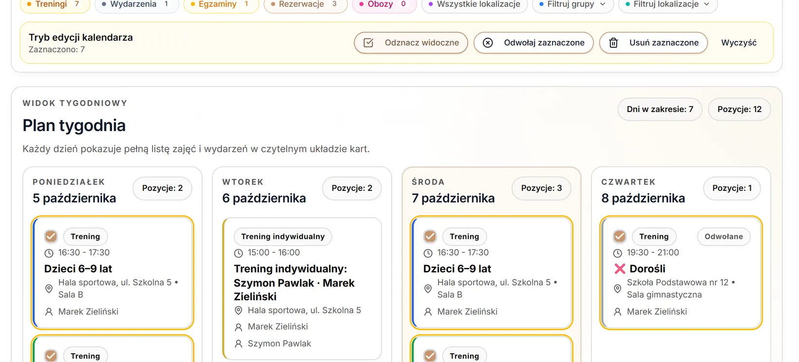 Wszystkie treningi tygodnia zaznaczone